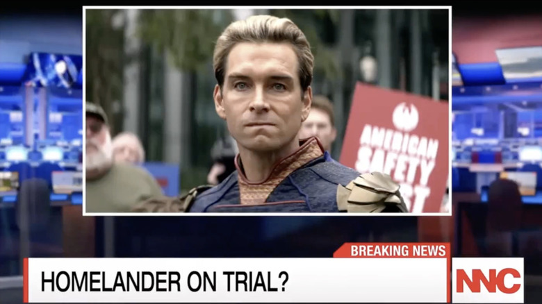 "Homelander on trial?" news report