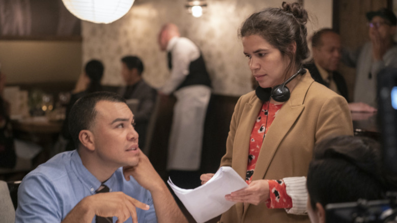 J.J. Sorta and America Ferrera on the set of Gentefied