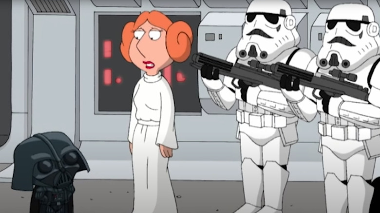 Lois Griffin as Leia talks with Darth Vader Stewie in the Star Wars Family Guy