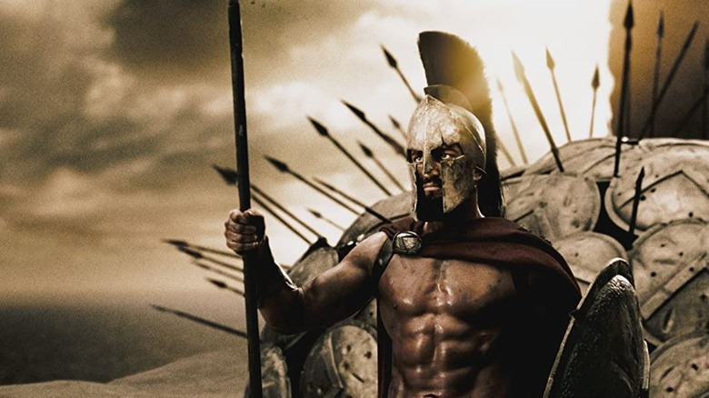 Gerard Butler with a spear in "300"