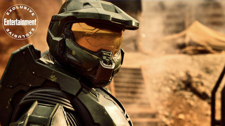 Pablo Schreiber wearing Master Chief suit