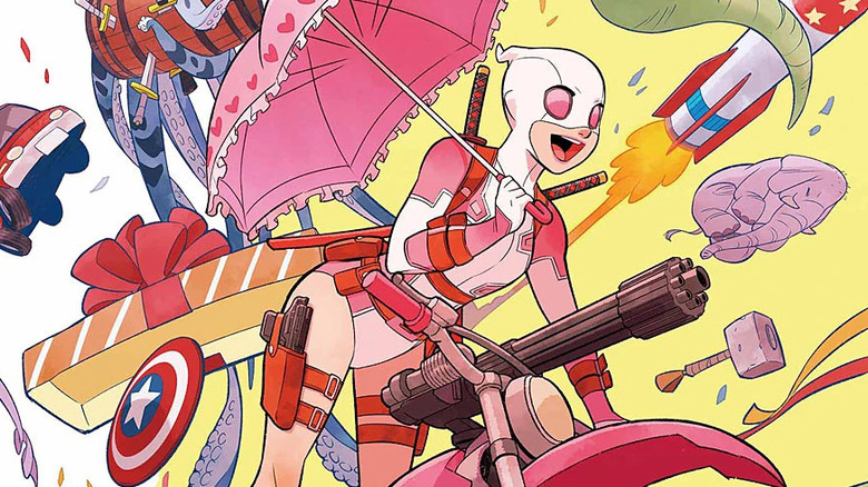 Gwenpool riding a pink dirt bike