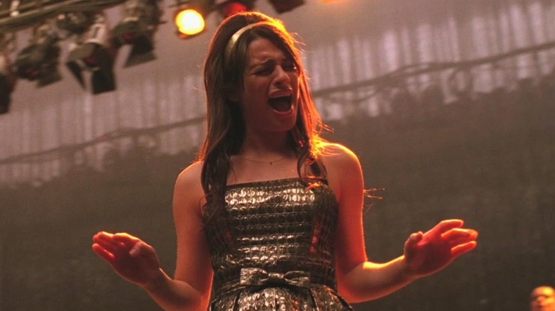 Rachel Berry performing gold dress