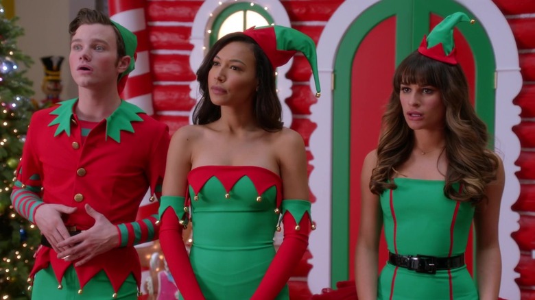 Kurt, Santana, and Rachel as Christmas elves