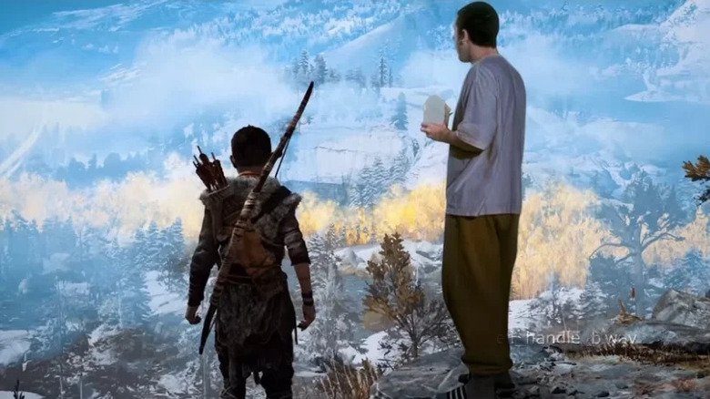 Adam Sandler looking over the land with Atreus