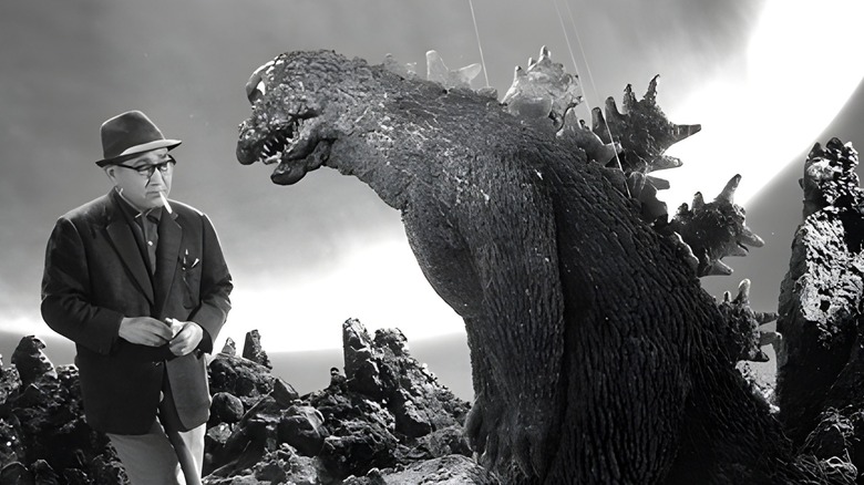 Eiji Tsuburaya inspecting Godzilla suit