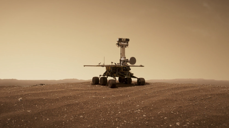 Oppy rolling across a plain on Mars