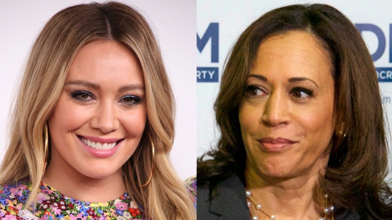 Hilary Duff smiling (left), Kamala Harris smiling (right) 