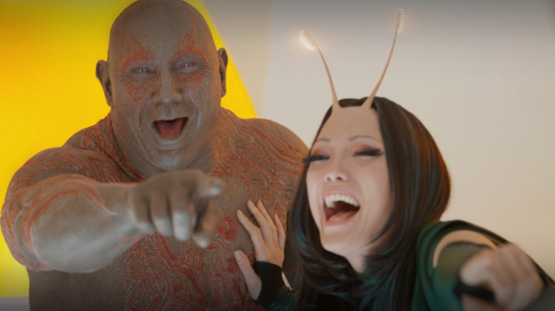 Drax and Mantis laugh at Star-Lord