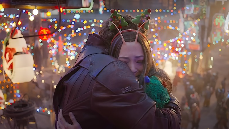 Mantis and Peter Quill hugging Christmas time