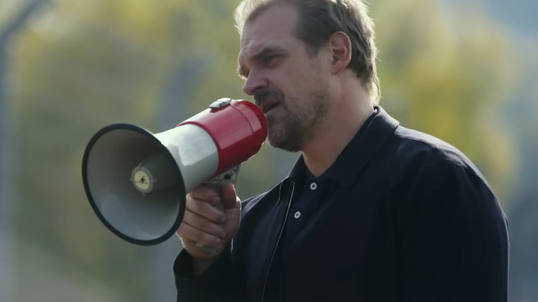 David Harbour on megaphone