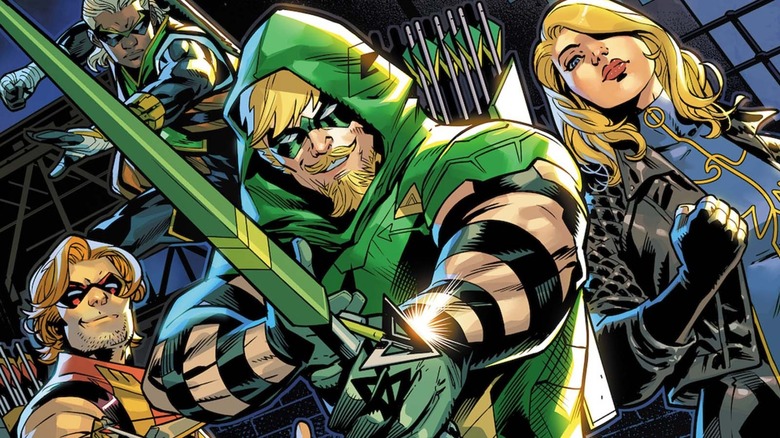 Team Arrow posing - Connor, Speedy, Black Canary, and Oliver Queen