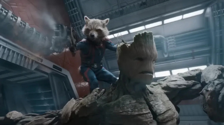 Rocket and Groot fighting