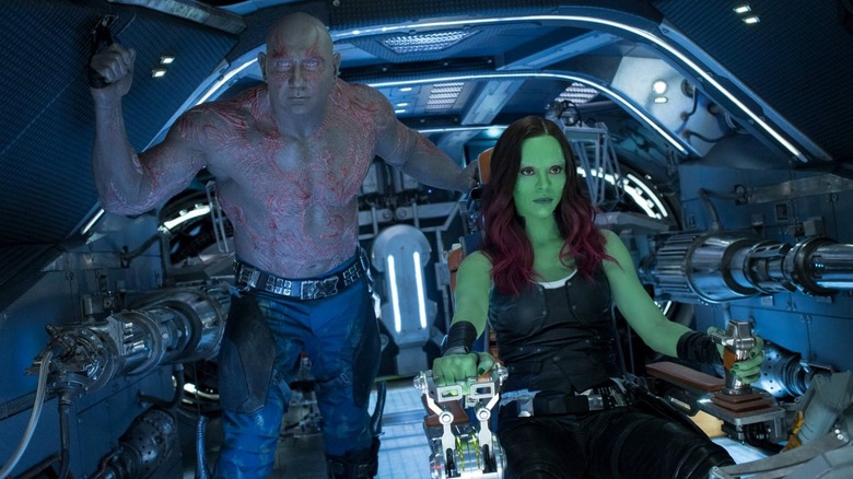 Drax and Gamora flying