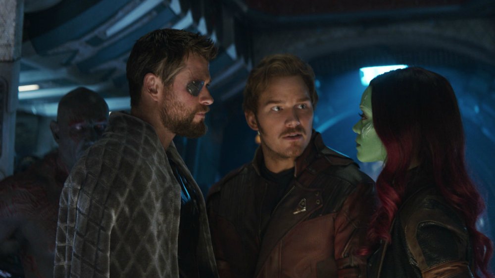 Chris Pratt, Zoe Saldana, and Chris Hemsworth as Peter Quill, Gamora, and Thor