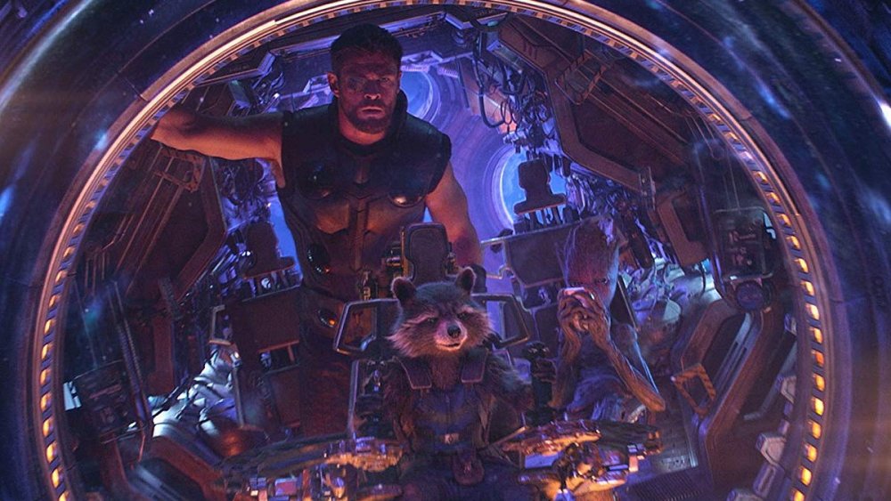 Chris Hemsworth as Thor with Rocket Raccoon and Groot in Avengers: Infinity War