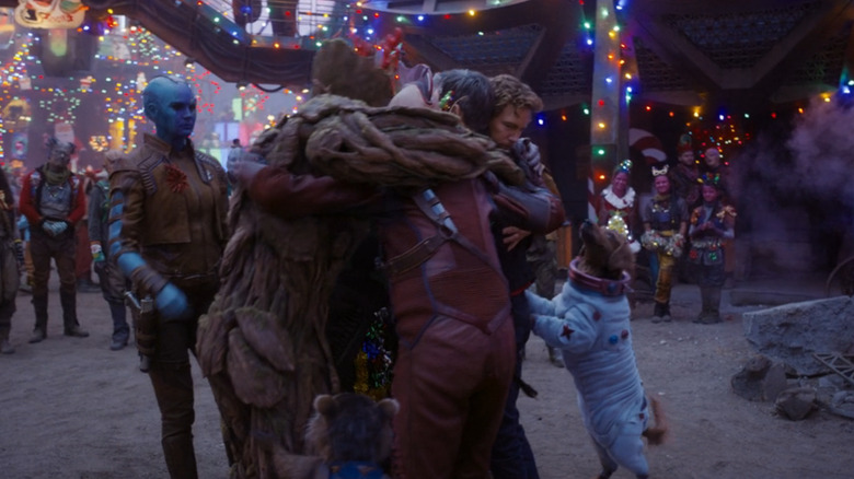 The Guardians of the Galaxy hug at the end of the Christmas special 