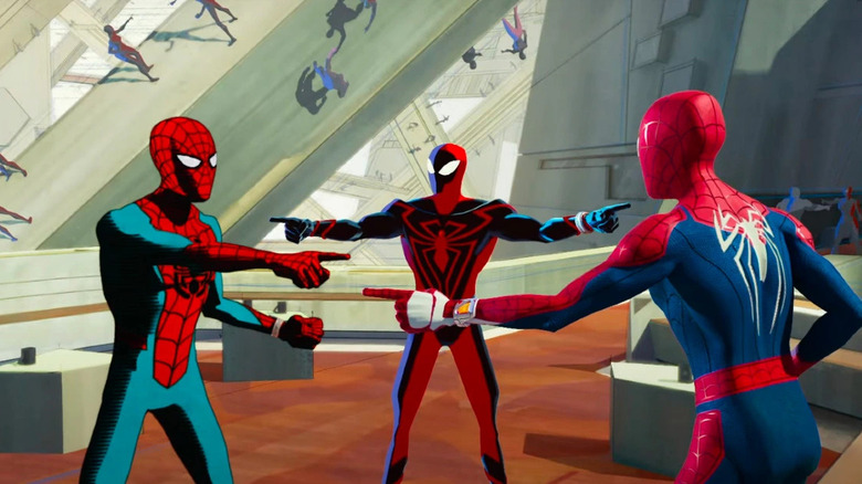 multiple Spider-Men pointing 