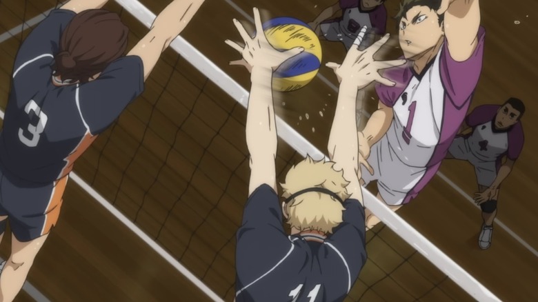 Tsukishima blocks Ushiwaka in Haikyuu!!