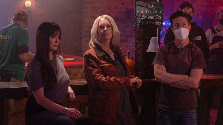 Kyle Richards, Jamie Lee Curtis, and David Gordon Green on Halloween Ends set