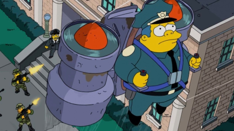 Chief Wiggum using a jetpack 