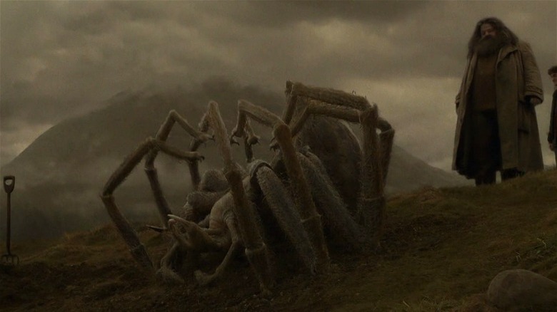 Hagrid looking at Aragog lying on the ground