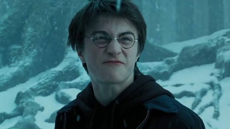 Harry Potter looking angry in the snow