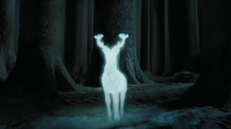Harry's stag Patronus appearing in the Forbidden Forest