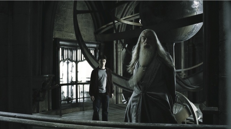 Dumbledore and Harry atop Astronomy Tower