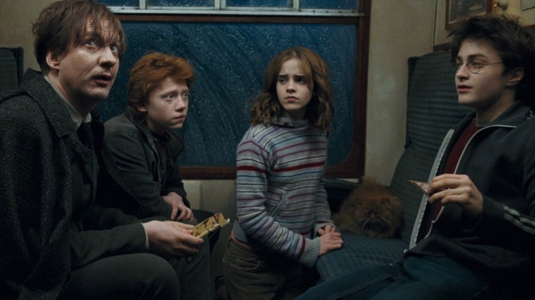 Remus, Ron, Hermione, Harry on train