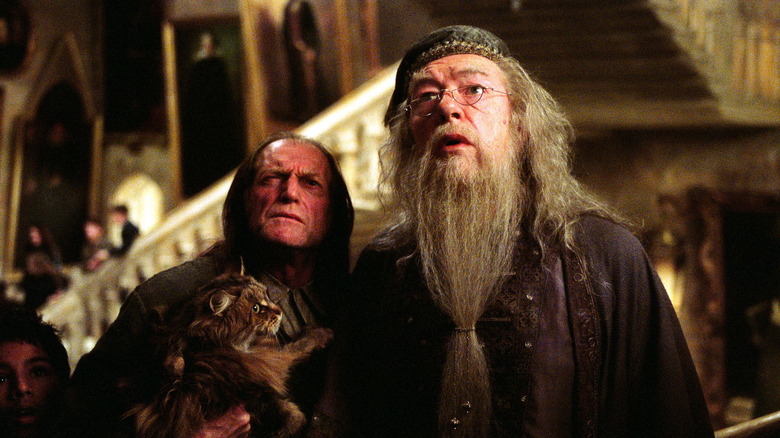 Dumbledore and Filch and cat scared staring