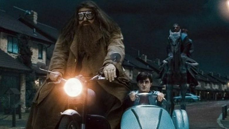 Harry Potter and Rubeus Hagrid on a motorcycle