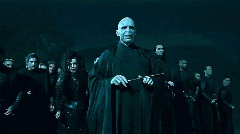 Voldemort standing in dark with Death Eaters