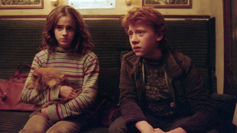 Ron and Hermione looking confused on train