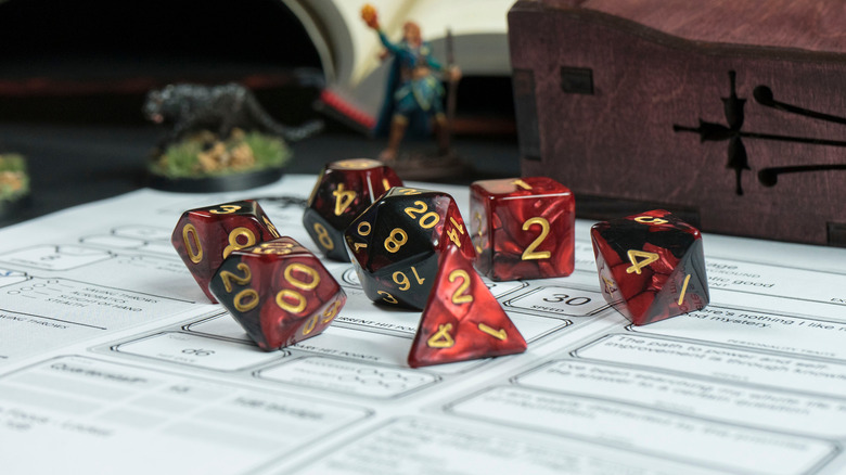 Close-up of seven die on a game board in a Dungeons & Dragons game