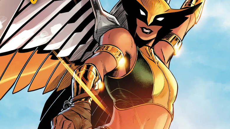 Kendra Saunder's Hawkgirl flying in the sky