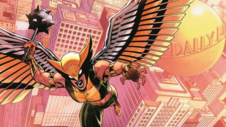 Hawkgirl flying and raising mace