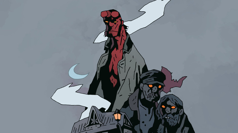 Hellboy with smoke and two men