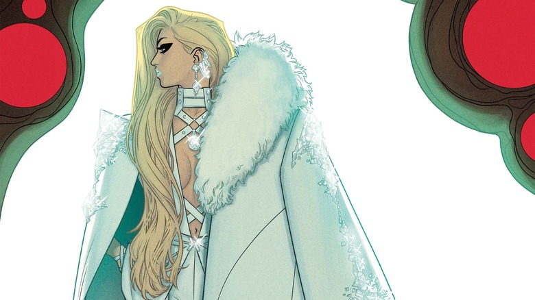 Emma Frost wearing white dress