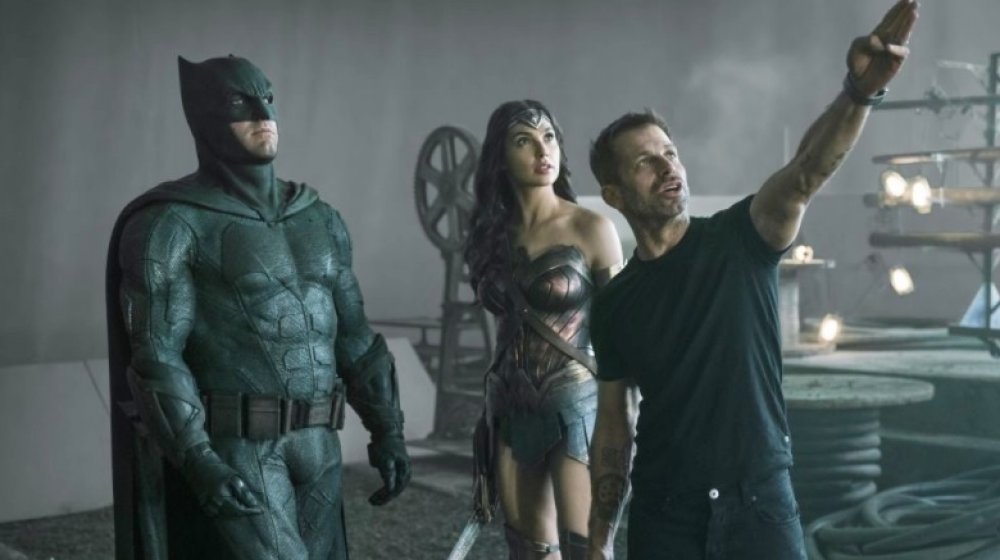 Ben Affleck, Gal Gadot, and Zack Snyder on the set of Justice League