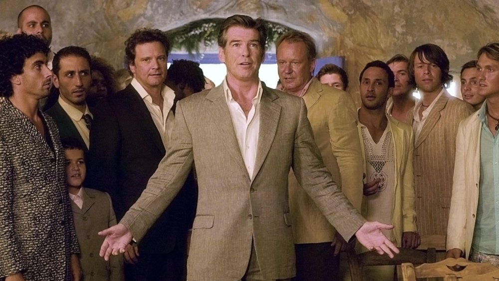 Colin Firth as Harry, Pierce Brosnan as Sam and Stellan Skarsgård as Bill, with back-up performers, in Mamma Mia!