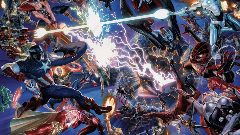 Dozens of Marvel heroes fighting against a cosmic backround