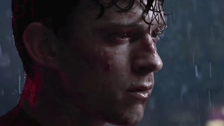 Peter Parker crying in the rain