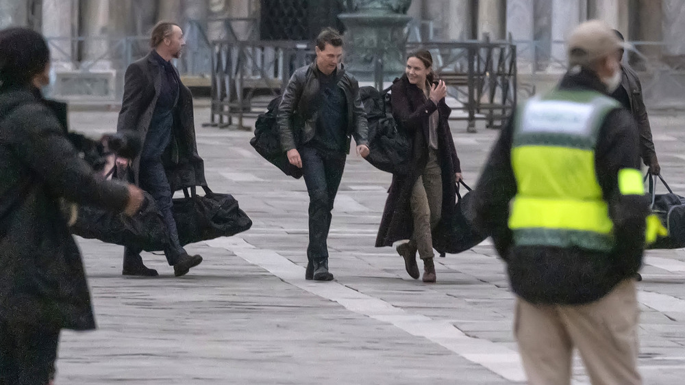 Tom Cruise, Hayley Atwell, and Simon Pegg on the set of Mission: Impossible 7