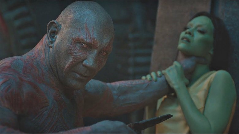 Dave Bautista and Zoe Saldana in Guardians of the Galaxy