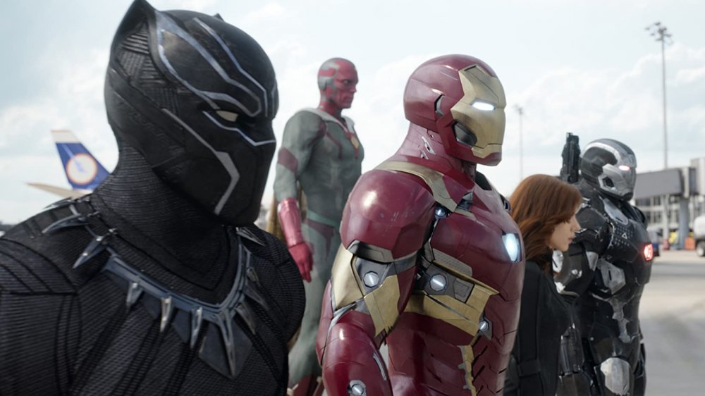 Black Panther, Iron Man, the Vision, Black Widow, and War Machine in Captain America: Civil War