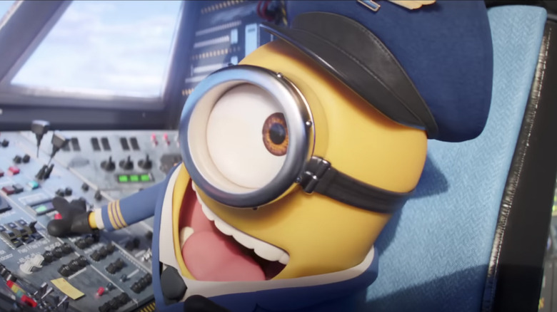 Minion in pilot uniform flying plane 