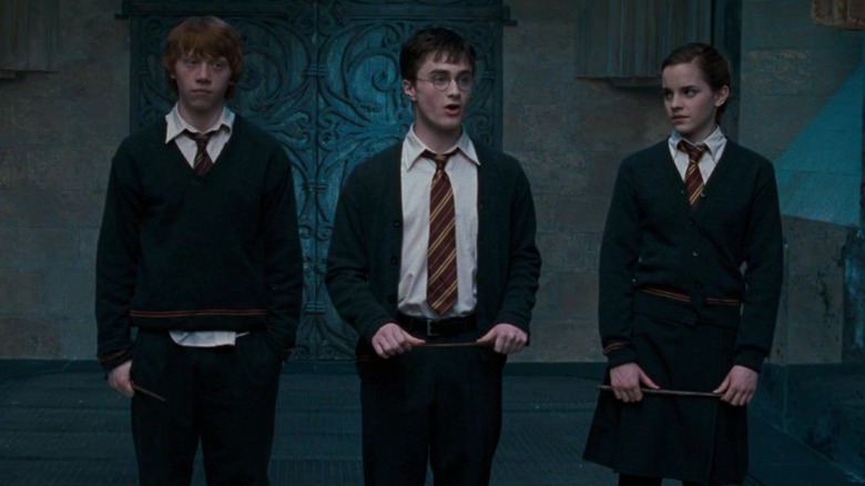 Hermione, Harry, and Ron leading Dumbledore's Army