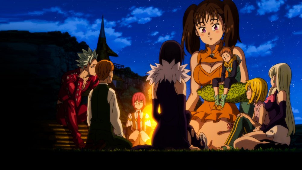 The Seven Deadly Sins gather around a camp fire