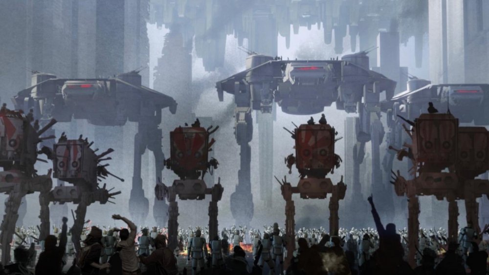 Concept art of repainted Resistance AT-STs lining up to battle First Order ATATs from "Star Wars: Episode IX - Duel of the Fates"